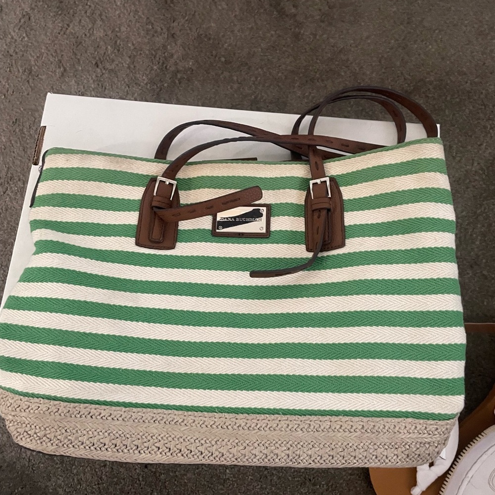 Dana Buchman Green and Cream Striped Tote